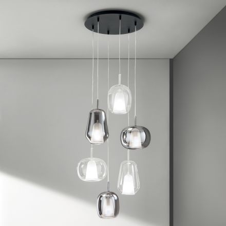 Lampadario con 6 Diffusori in Vetro Fumè e Trasparente Made in Italy - Trilly Viadurini