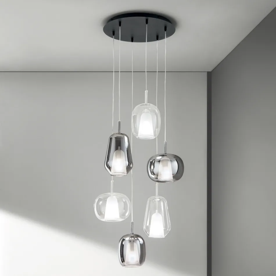 Lampadario con 6 Diffusori in Vetro Fumè e Trasparente Made in Italy - Trilly Viadurini