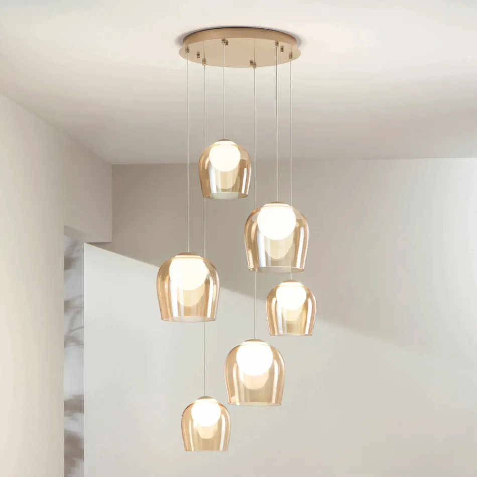 Lampadario con 6 LED Coperti da Vetro Opzionale e Base in Metallo - Faggio Viadurini