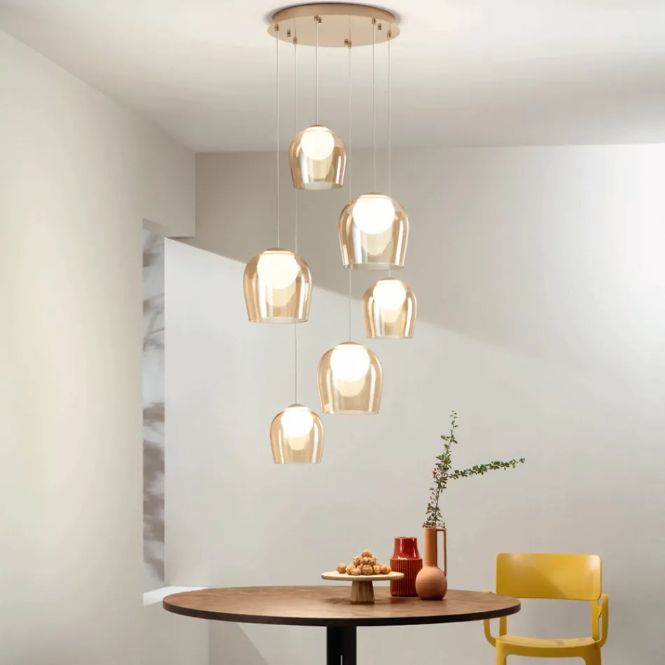 Lampadario con 6 LED Coperti da Vetro Opzionale e Base in Metallo - Faggio Viadurini