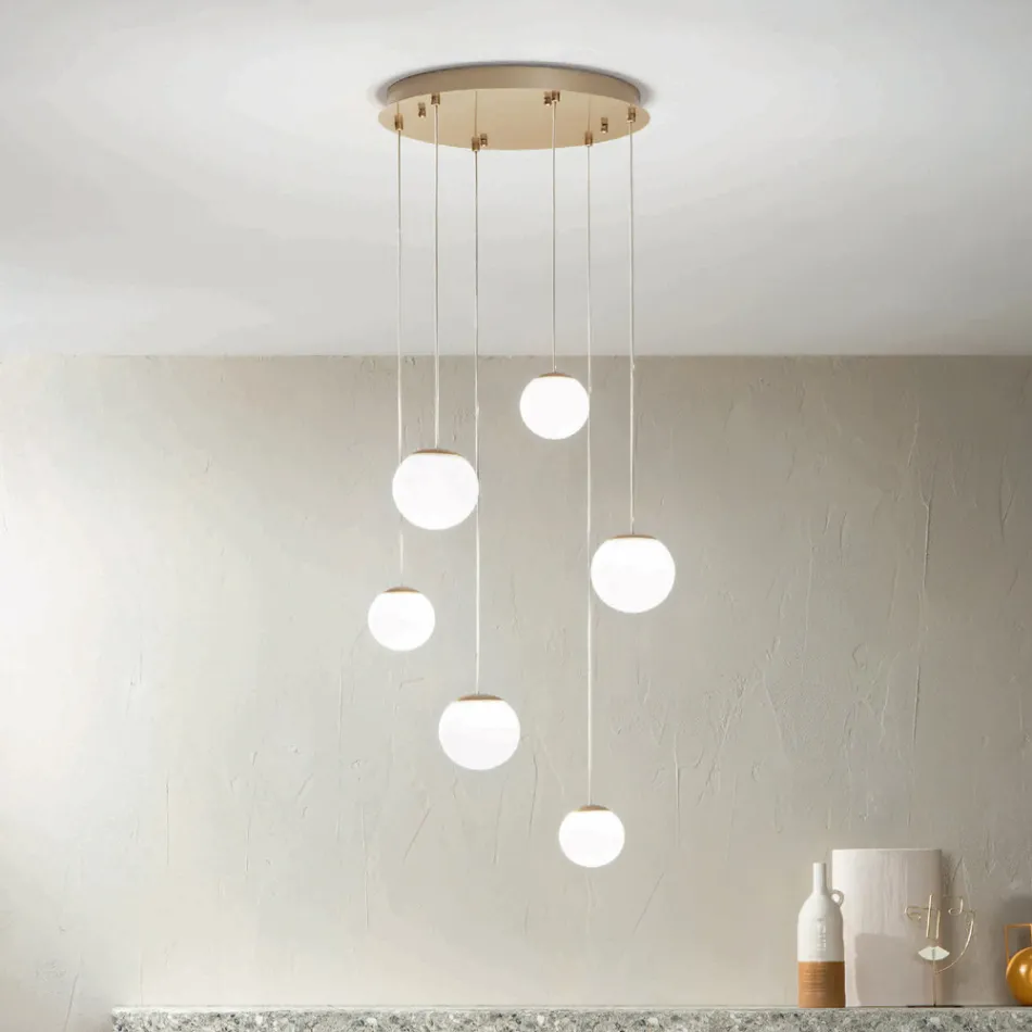 Lampadario con 6 LED Coperti da Vetro Opzionale e Base in Metallo - Faggio Viadurini