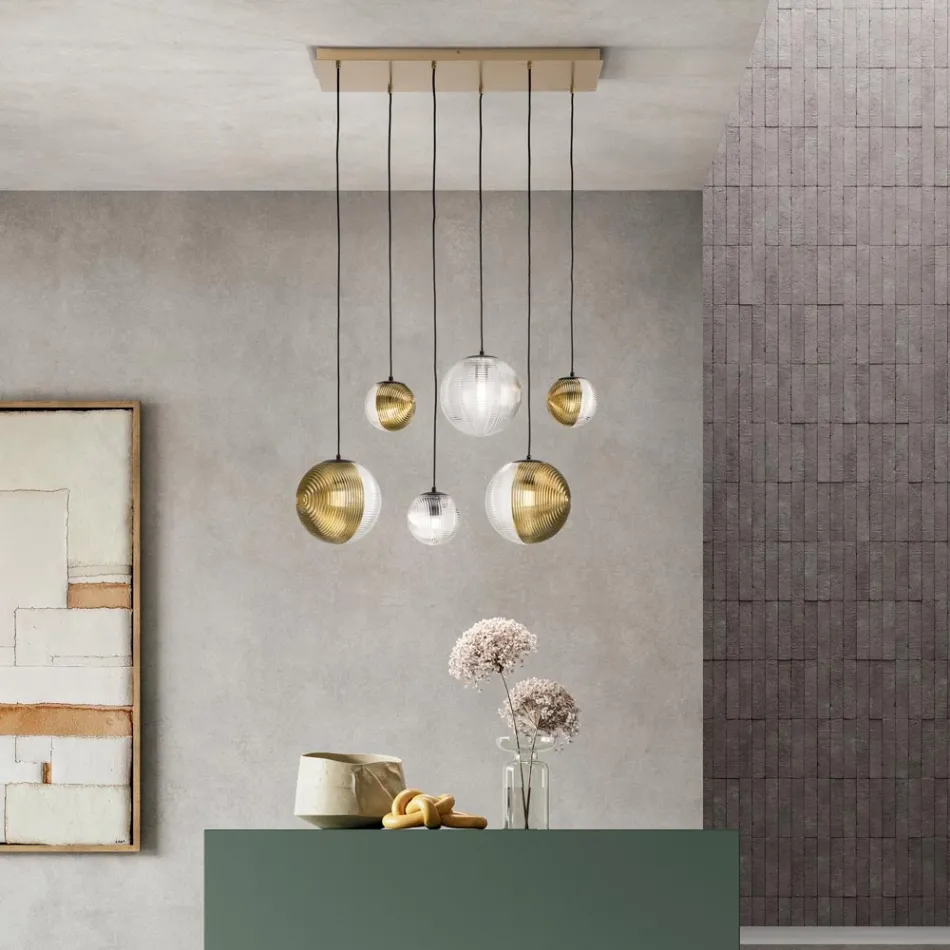 Lampadario con 6 Luci in Vetro Soffiato a Forma di Sfera Made in Italy - Prilla Viadurini