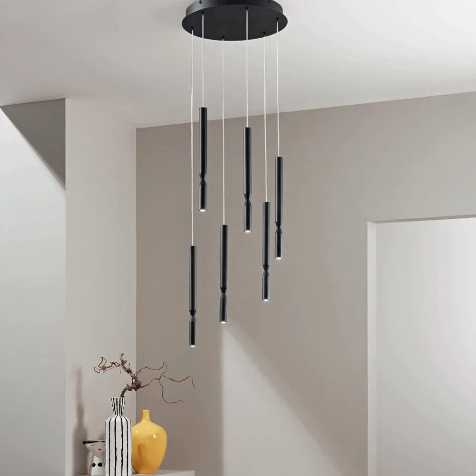 Lampadario con 6 Luci LED in Metallo Verniciato e Cavi Regolabili - Larice Viadurini