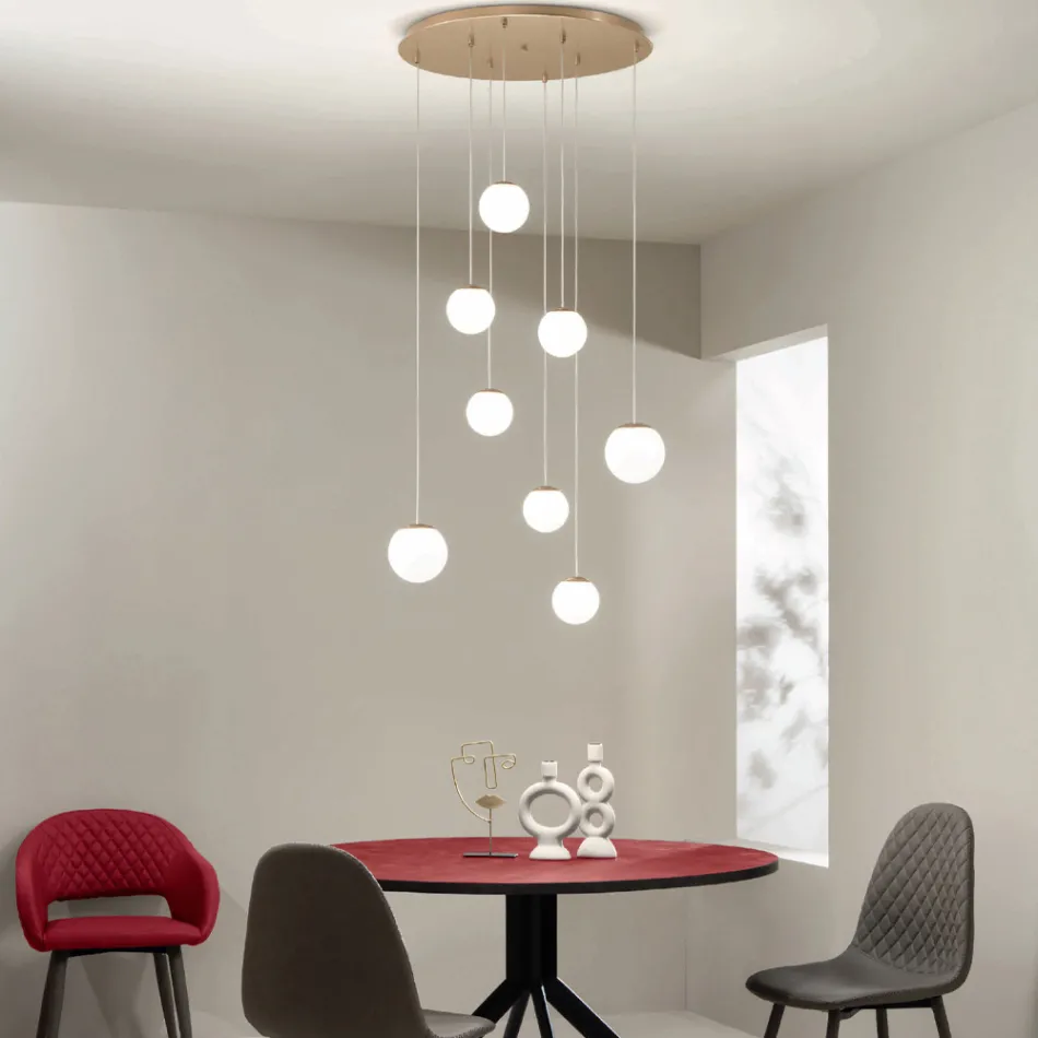 Lampadario con 8 LED Coperti da Vetro Colorato Opzionale e Base in Metallo - Faggio Viadurini