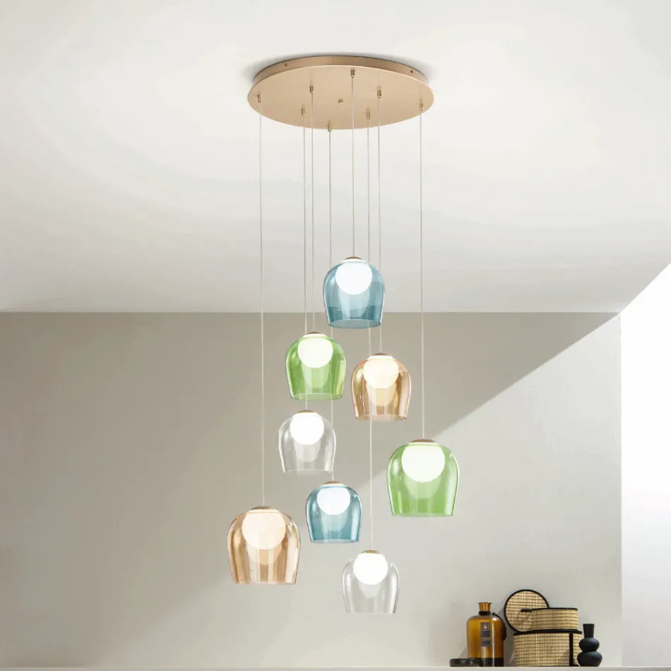 Lampadario con 8 LED Coperti da Vetro Colorato Opzionale e Base in Metallo - Faggio Viadurini
