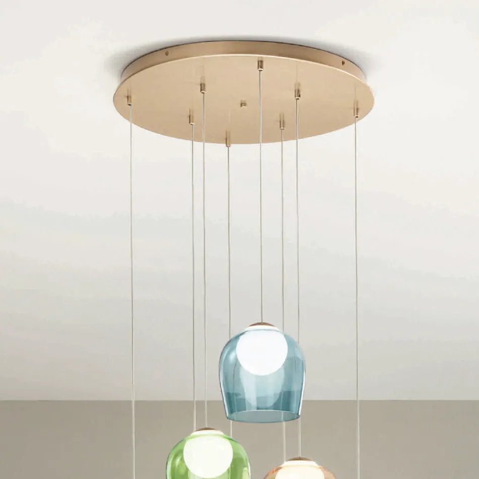Lampadario con 8 LED Coperti da Vetro Colorato Opzionale e Base in Metallo - Faggio Viadurini