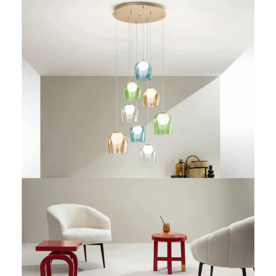 Lampadario con 8 LED Coperti da Vetro Colorato Opzionale e Base in Metallo - Faggio Viadurini