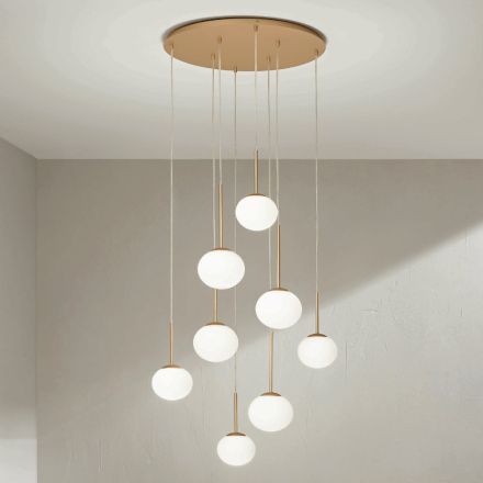 Lampadario con 8 LED in Metallo Verniciato Color Oro e Vetro Soffiato - Ailanto Viadurini