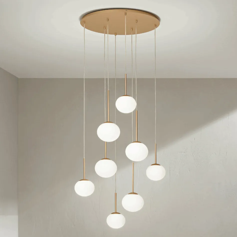 Lampadario con 8 LED in Metallo Verniciato Color Oro e Vetro Soffiato - Ailanto Viadurini