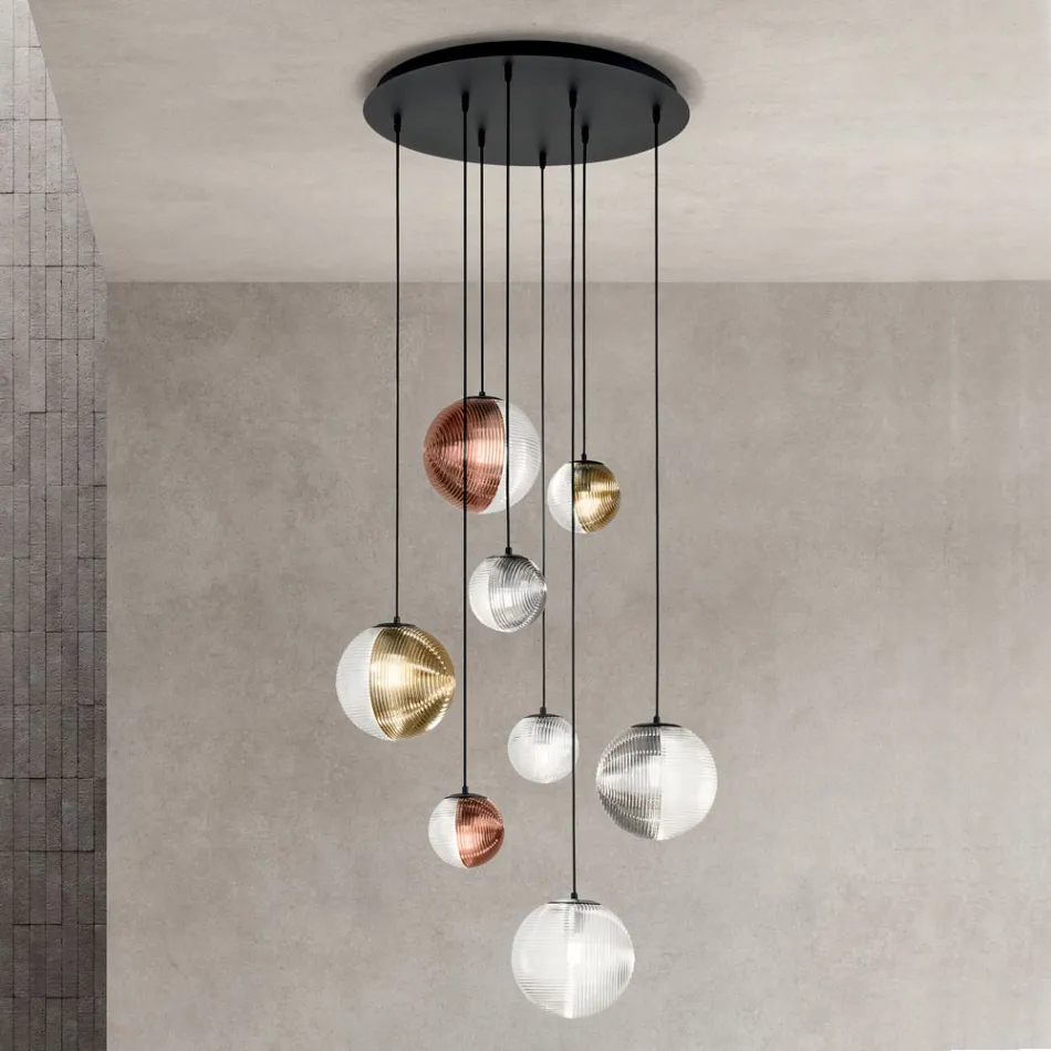 Lampadario con 8 Luci in Vetro Soffiato a Forma di Sfera Made in Italy - Prilla Viadurini