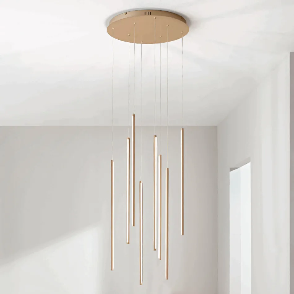 Lampadario con 8 Luci LED in Metallo Verniciato Oro e Cavetti Regolabili - Arancio Viadurini