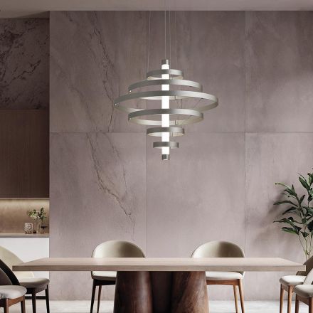Lampadario con Corpo Luminoso in Vetro e 6 Cerchi in Alluminio - Clara Viadurini