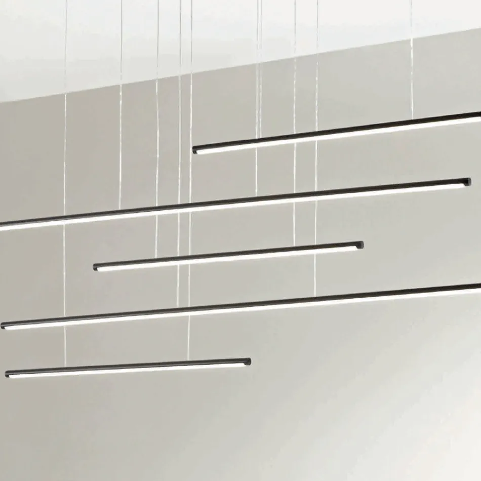 Lampadario con Luci LED Orizzontali in Metallo e Cavetti Regolabili - Arancio Viadurini