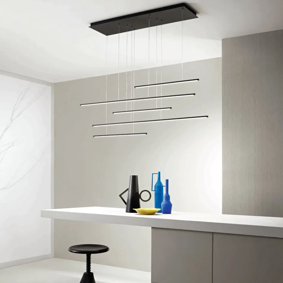 Lampadario con Luci LED Orizzontali in Metallo e Cavetti Regolabili - Arancio Viadurini