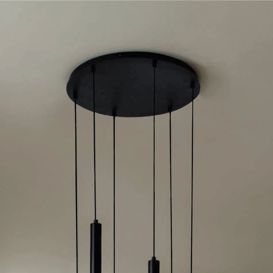 Lampadario con Montatura Metallica Verniciata Nero e Cavi Regolabili - Betulla Viadurini
