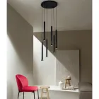 Lampadario con Montatura Metallica Verniciata Nero e Cavi Regolabili - Betulla Viadurini