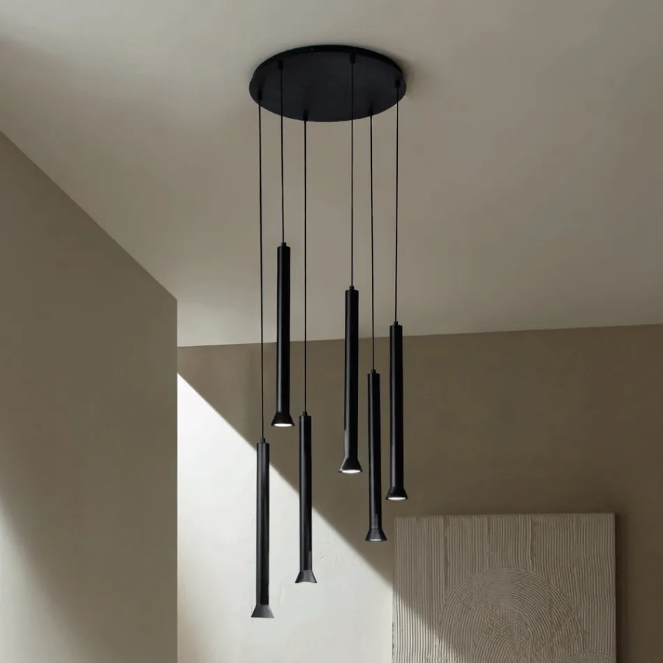 Lampadario con Montatura Metallica Verniciata Nero e Cavi Regolabili - Betulla Viadurini