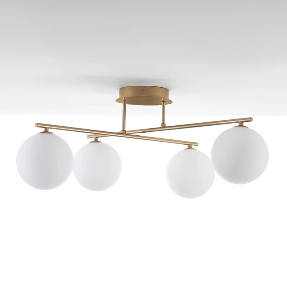 Lampadario in Metallo Oro Metallizzato e 4 Sfere in Vetro Bianco - Venezia Viadurini