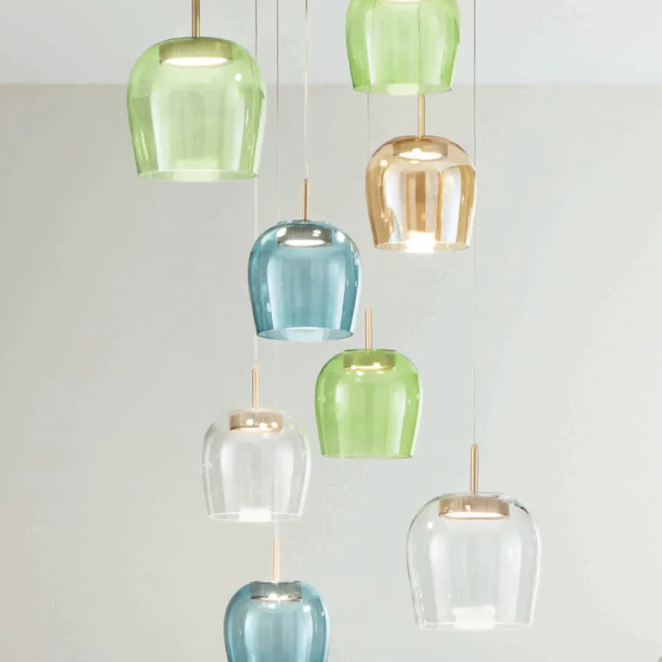 Lampadario in Metallo Verniciato Color Oro e Luce LED e Vetro Colorato - Carpino Viadurini