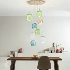 Lampadario in Metallo Verniciato Color Oro e Luce LED e Vetro Colorato - Carpino Viadurini