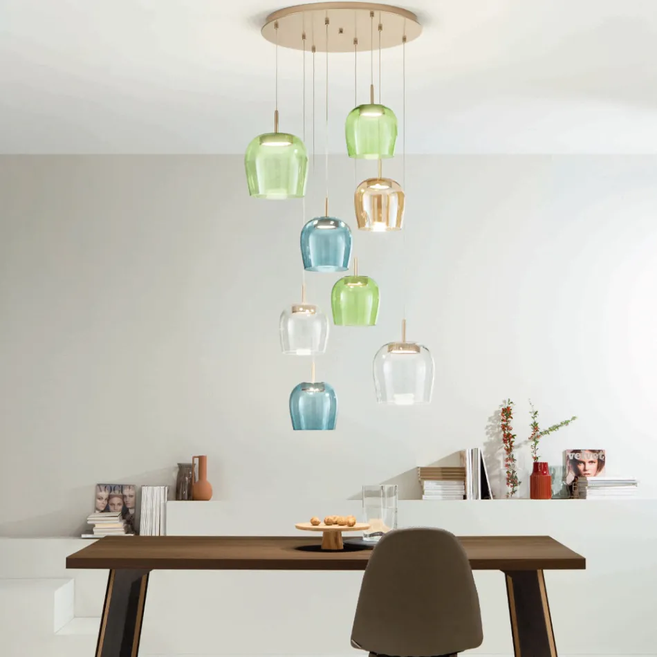 Lampadario in Metallo Verniciato Color Oro e Luce LED e Vetro Colorato - Carpino Viadurini
