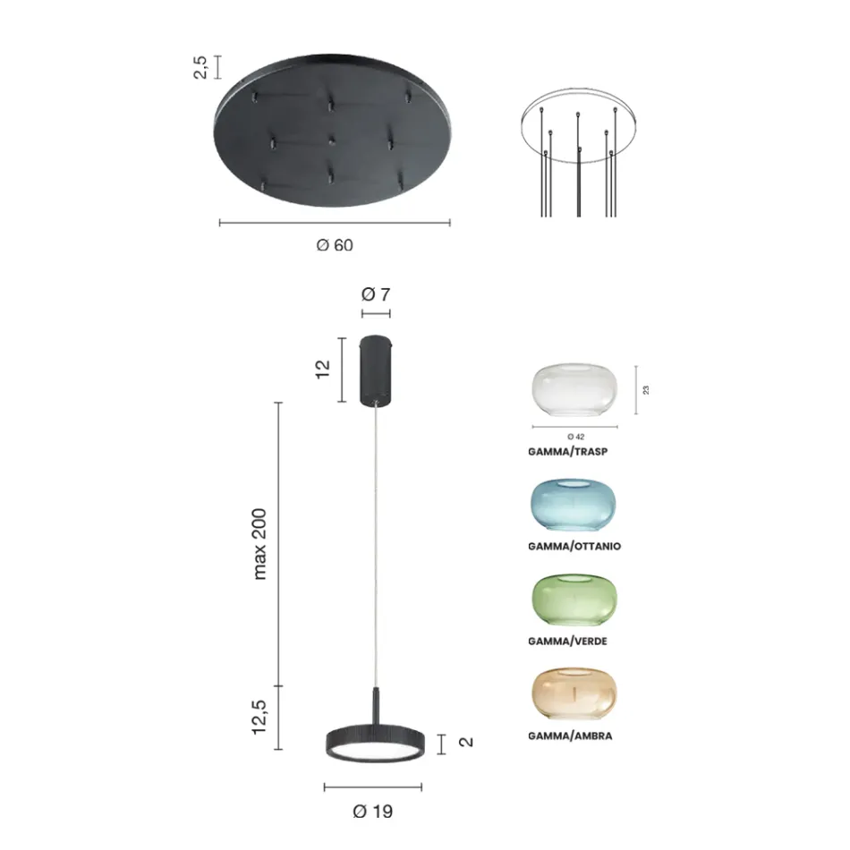 Lampadario in Metallo Verniciato Color Oro e Luce LED e Vetro Colorato - Carpino Viadurini