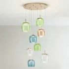 Lampadario in Metallo Verniciato Color Oro e Luce LED e Vetro Colorato - Carpino Viadurini