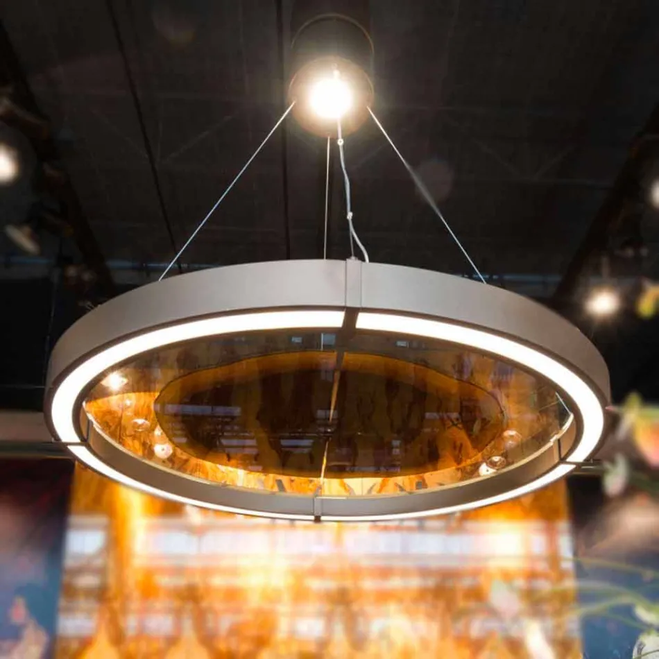 Lampadario Moderno in Acciaio e Vetro con Inserto in Legno Made in Italy - Seul Viadurini