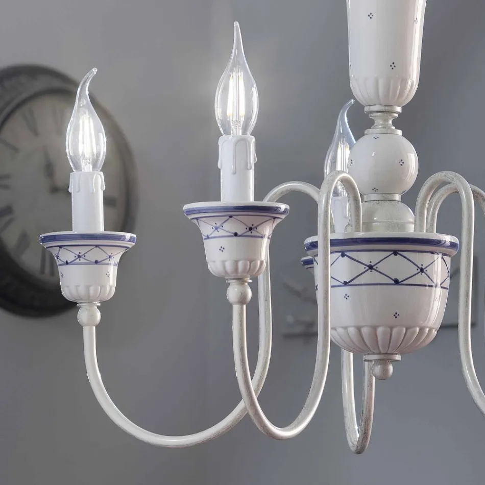 Lampadario Salotto a  5 Luci in Ceramica Dipinta a Mano e Ottone - Sanremo Viadurini