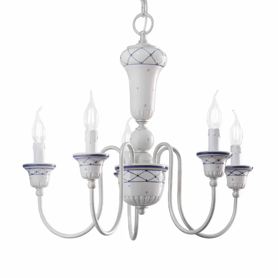 Lampadario Salotto a  5 Luci in Ceramica Dipinta a Mano e Ottone - Sanremo Viadurini