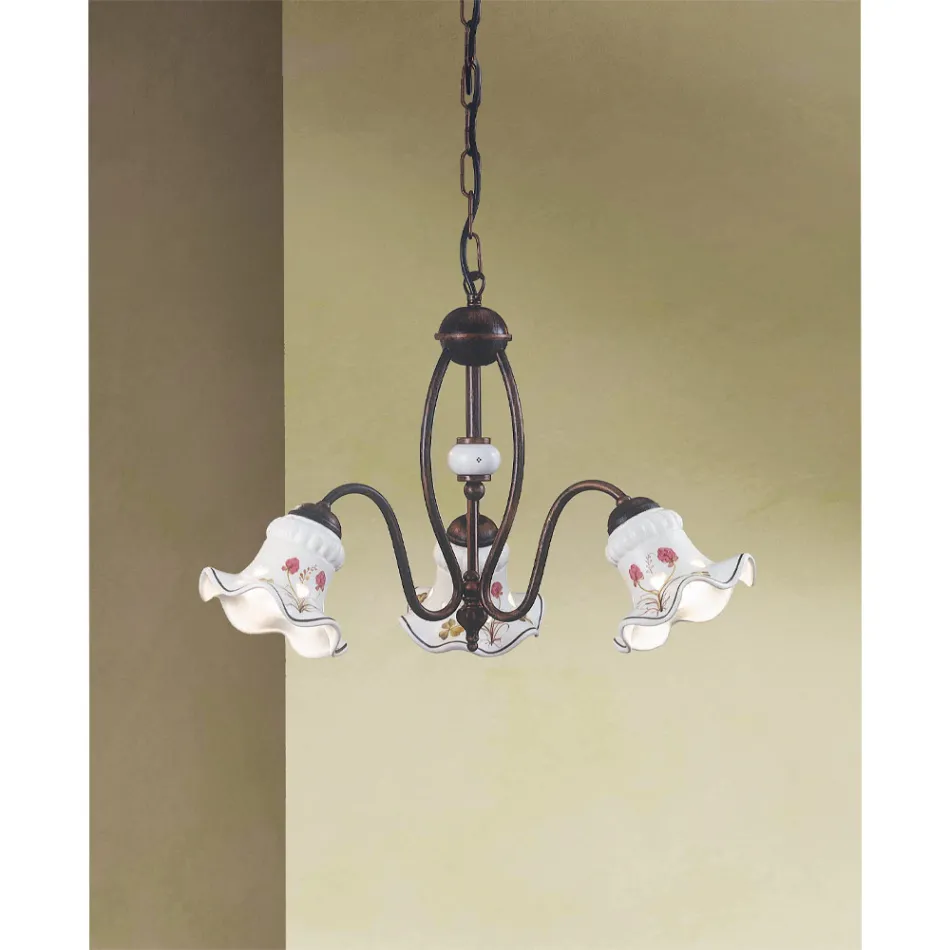 Lampadario Vintage 3 o 5 Luci in Ferro e Ceramica Decorata a Mano - Chieti Viadurini