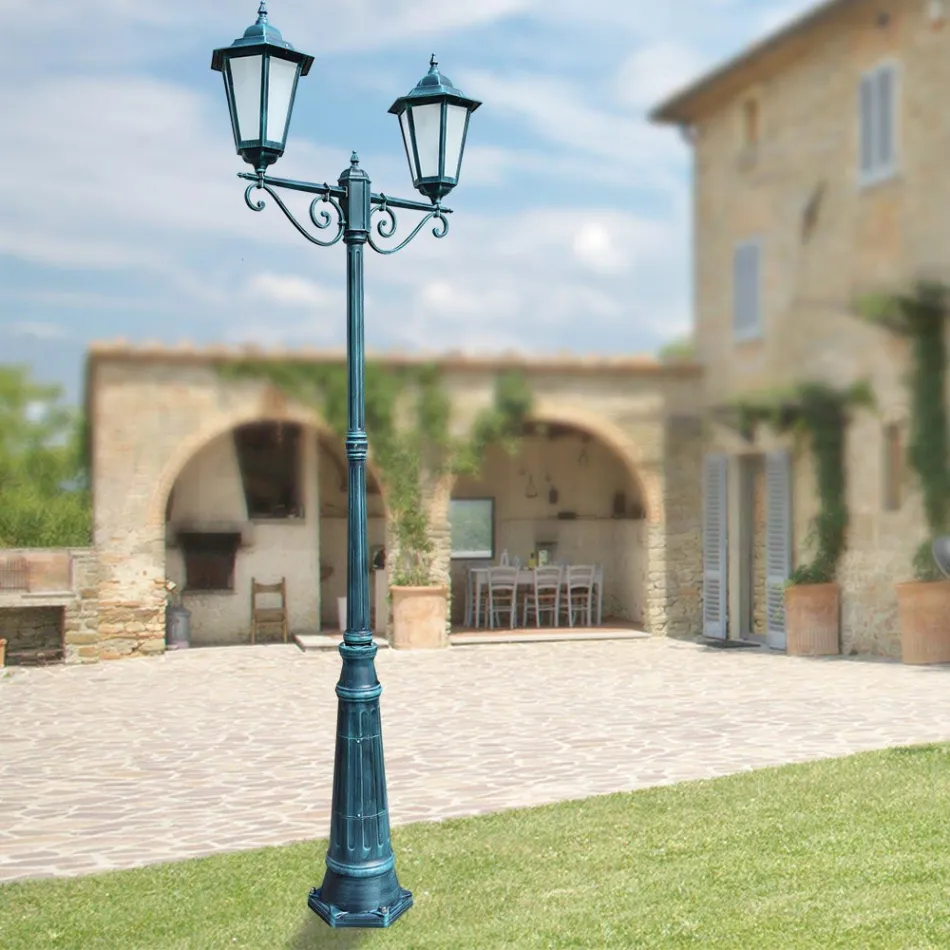 Lampione a 2 Luci in Alluminio e Vetro Made in Italy Vintage - Janira Viadurini