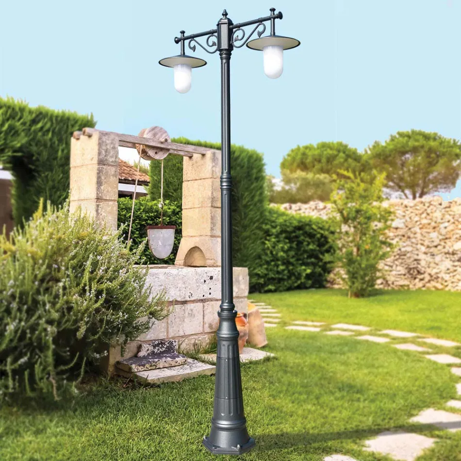 Lampione a 2 Luci Stile Vintage in Alluminio Grigio Made in Italy - Belen Viadurini