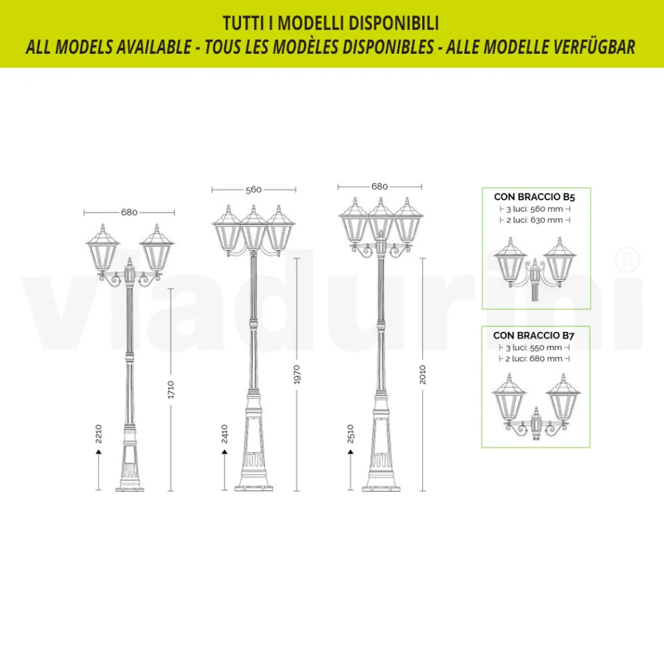 Lampione Alto 211 cm da Giardino in Vetro e 5 Finiture di Alluminio - Pinako Viadurini