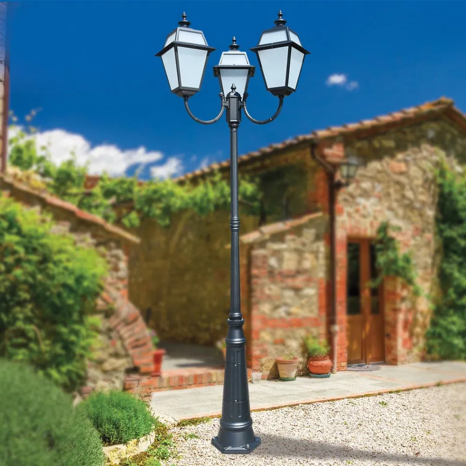 Lampione Vintage a 3 Luci in Alluminio e Vetro Made in Italy - Vivian Viadurini