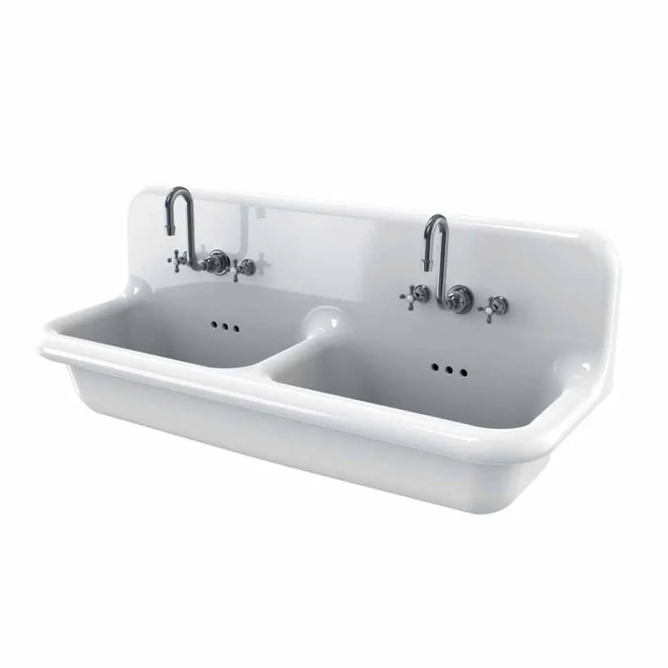 Lavabo a doppia vasca da muro in ceramica bianca stile moderno Andy Viadurini