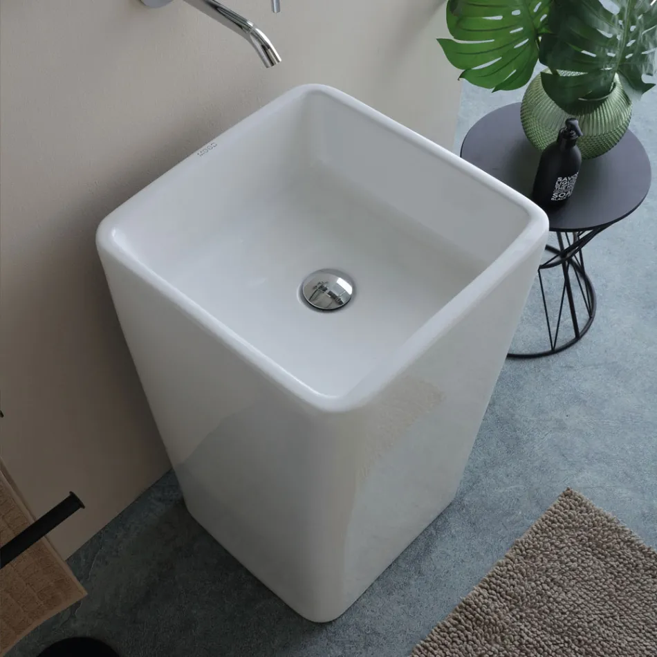 Lavabo a Terra Freestanding Quadrato in Ceramica dal Design Moderno - Papavero Viadurini