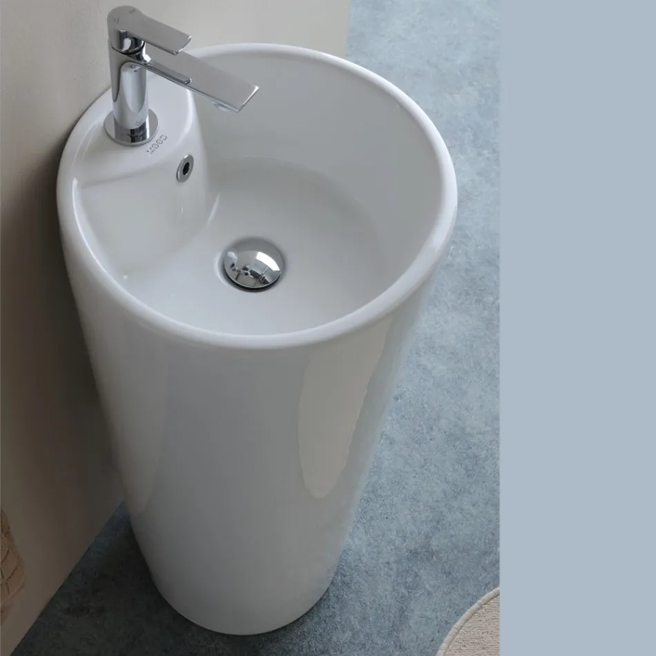 Lavabo a Terra Freestanding Tondo in Ceramica Bianca Moderna - Papavero Viadurini