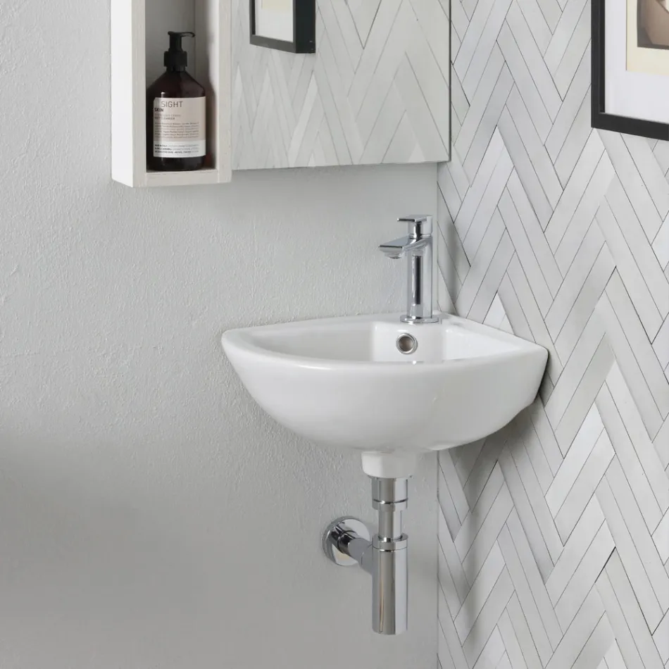 Lavabo ad angolo in Ceramica Bianca dal Design Moderno Elegante - Silice Viadurini