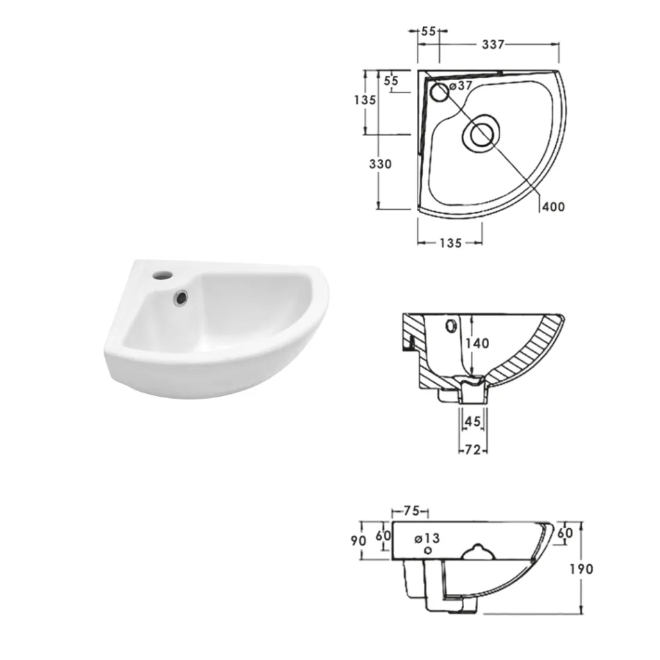 Lavabo ad angolo in Ceramica Bianca dal Design Moderno Elegante - Silice Viadurini