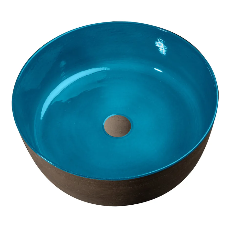 Lavabo Bagno da Appoggio Blu Realizzato in Argilla Refrattaria - Tatiana  Viadurini