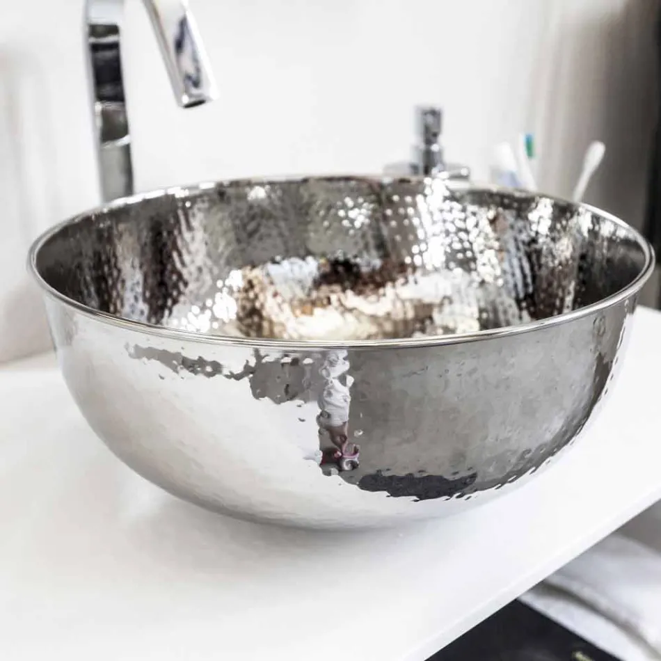 Lavabo Bagno Rotondo da Appoggio in Ottone Cromato Martellato - Diamond Viadurini