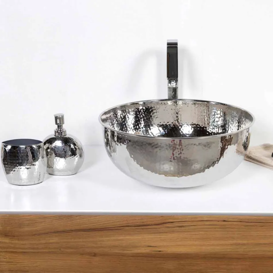 Lavabo Bagno Rotondo da Appoggio in Ottone Cromato Martellato - Diamond Viadurini