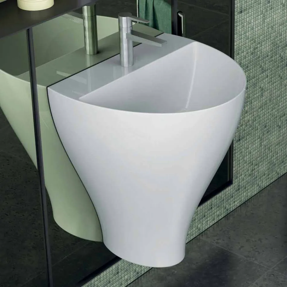 Lavabo bagno sospeso moderno in ceramica fatto in Italia, Fiorello Viadurini