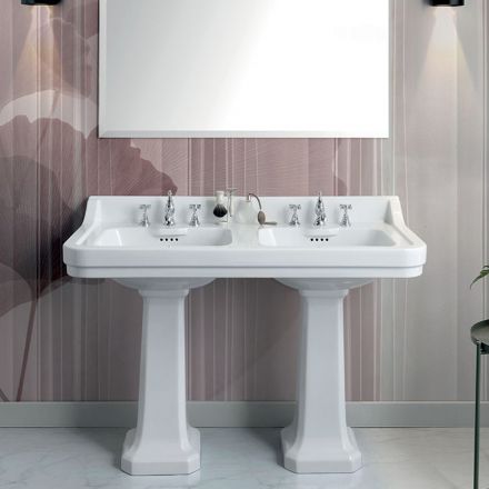 Lavabo Consolle a Colonna in Ceramica Doppia Vasca Made in Italy - Wollie Viadurini