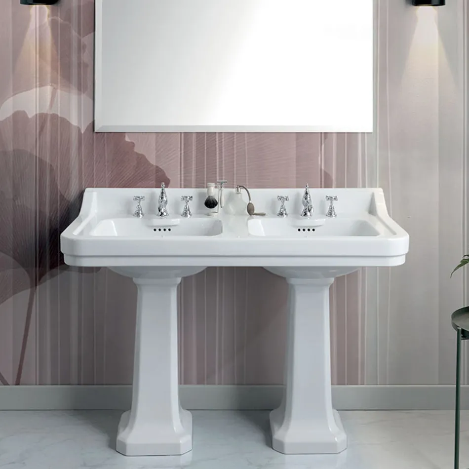 Lavabo Consolle a Colonna in Ceramica Doppia Vasca Made in Italy - Wollie Viadurini