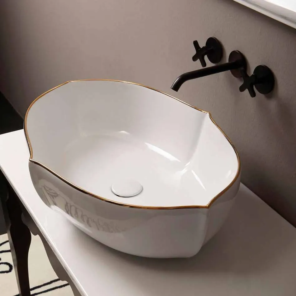 Lavabo da appoggio design ceramica bianco bordo oro made Italy Oscar Viadurini