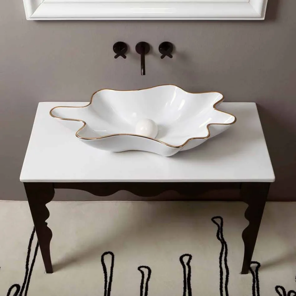 Lavabo da appoggio design ceramica bianco bordo oro made Italy Rayan Viadurini