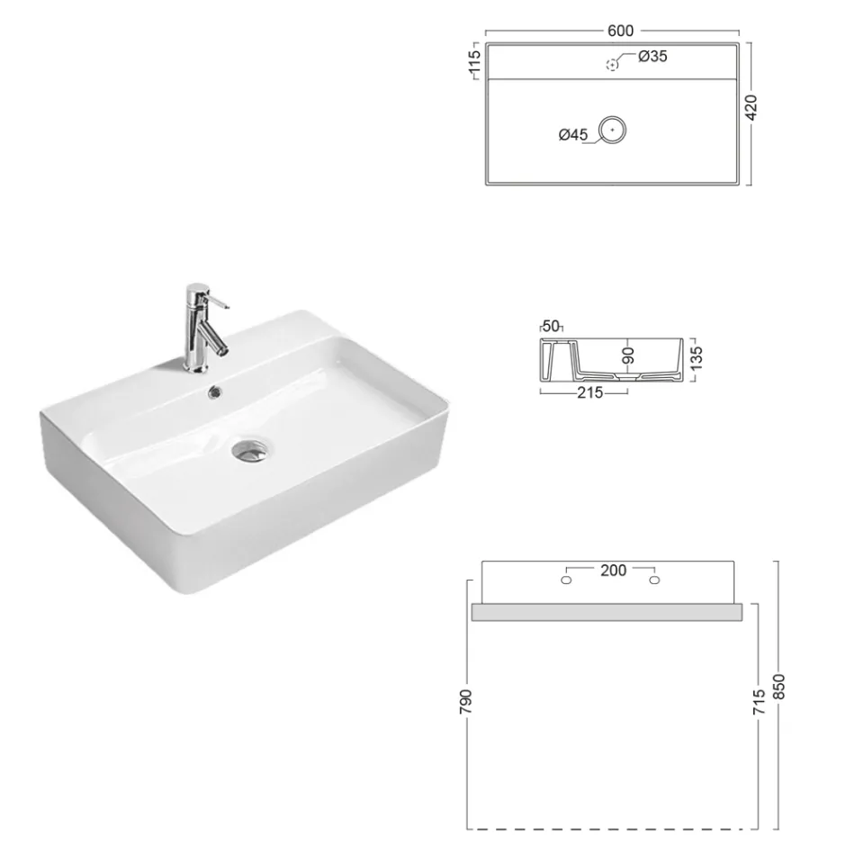 Lavabo da Appoggio in Ceramica e Foro Rubinetteria Design Moderno - Papavero Viadurini