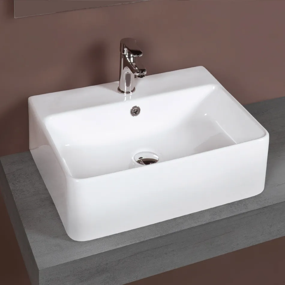 Lavabo da Appoggio in Ceramica e Foro Rubinetteria Design Moderno - Papavero Viadurini